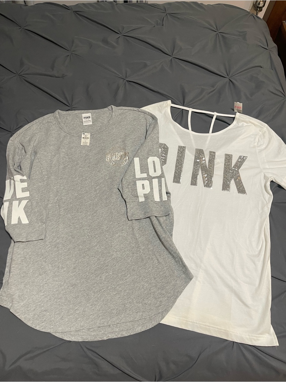 PINK Victoria's Secret Light Gray Crewneck top and bling top NWT